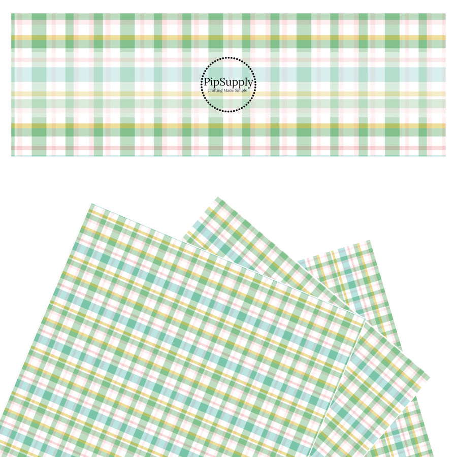 Blue, green, pink, yellow, and white tartan faux leather sheets