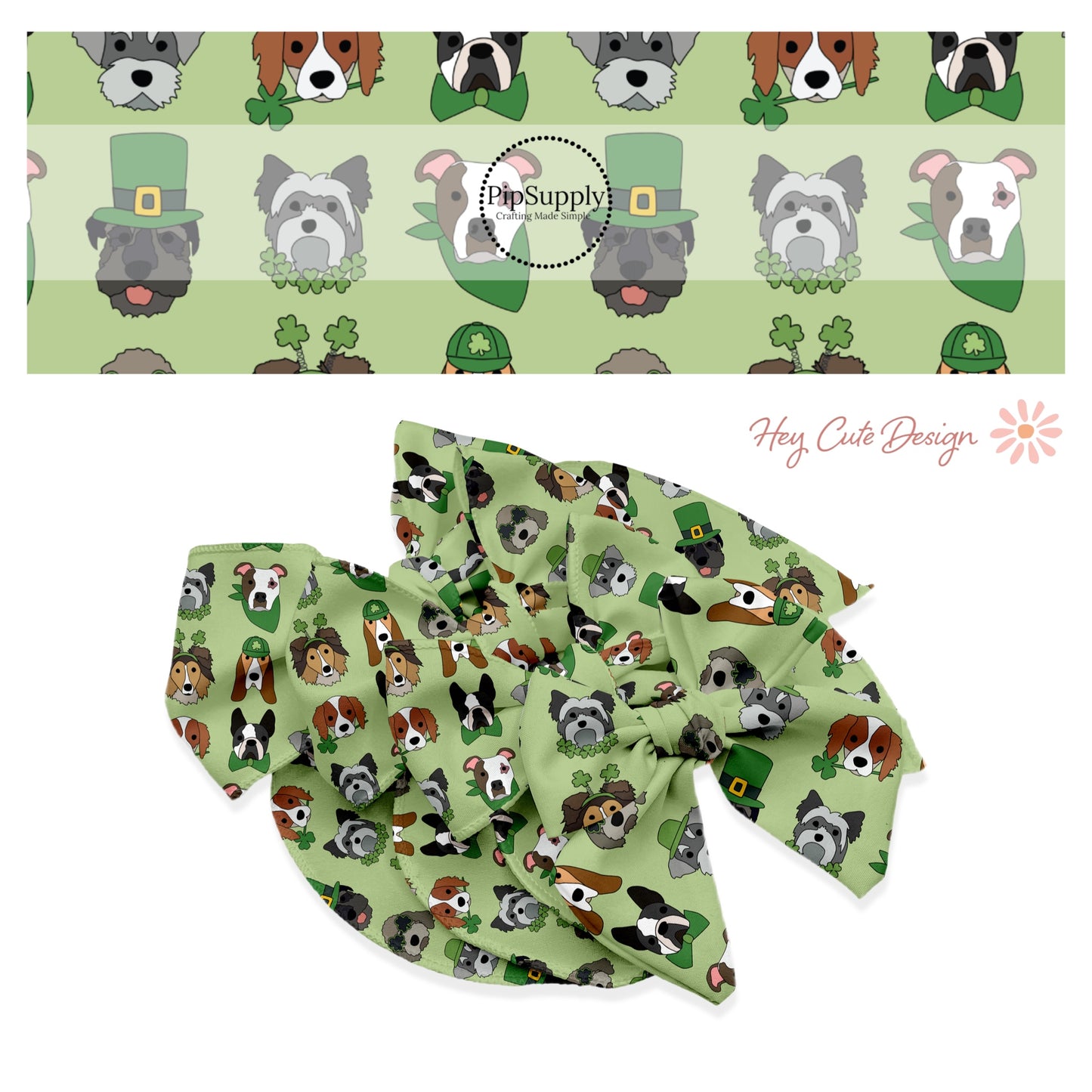 Puppies with green hats, clover headband, green bandana, and clover collar on a green bow strip