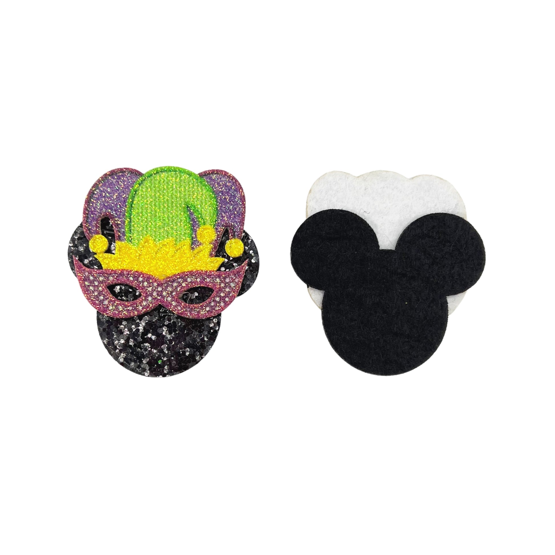 Purple mask with purple, green, and yellow hat on black glitter mouse head