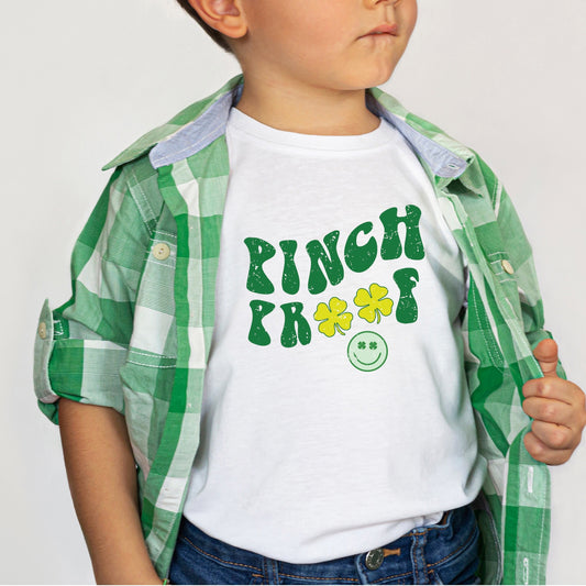 Green Iron On heat transfer with the phrase "Pinch Proof" and clovers