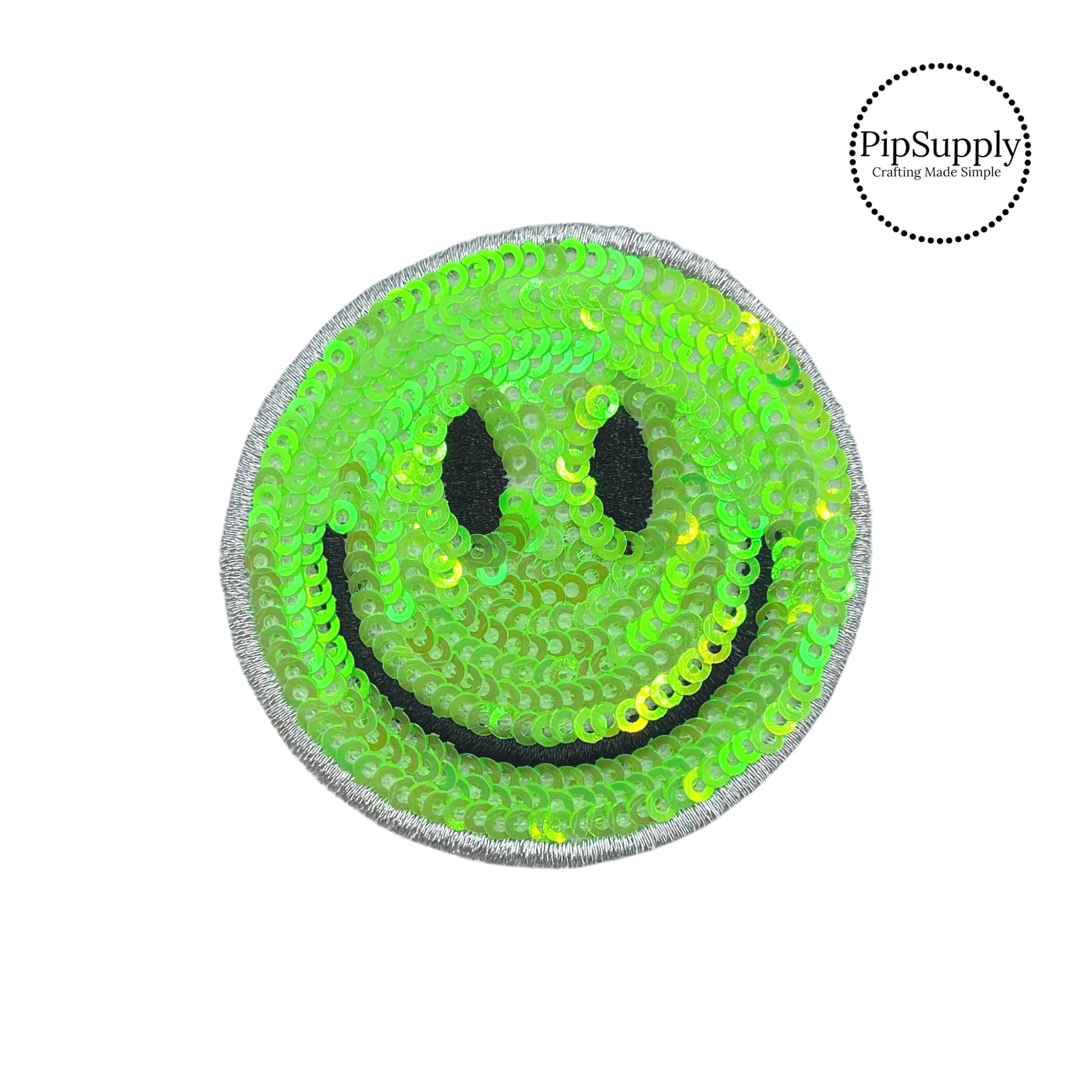 Neon green sequined smiley face iron on patch