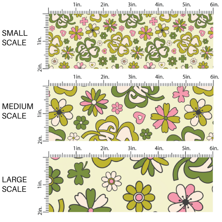 Green Fabric by the yard scaled image guide with floral designs, shamrocks with the phrase lucky