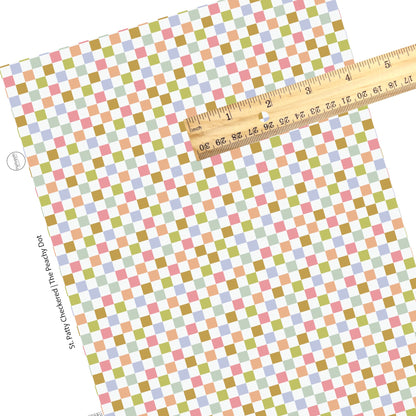 Blue, orange, green, and pink checker on white tile faux leather sheets