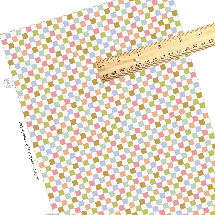 Blue, orange, green, and pink checker on white tile faux leather sheets