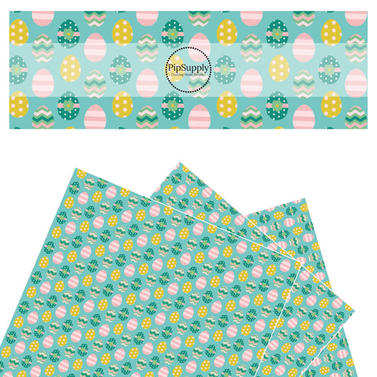 Yellow eggs with pink polka dots, pink eggs with pink stripes, and green eggs with polka dots and flowers on aqua faux leather sheets