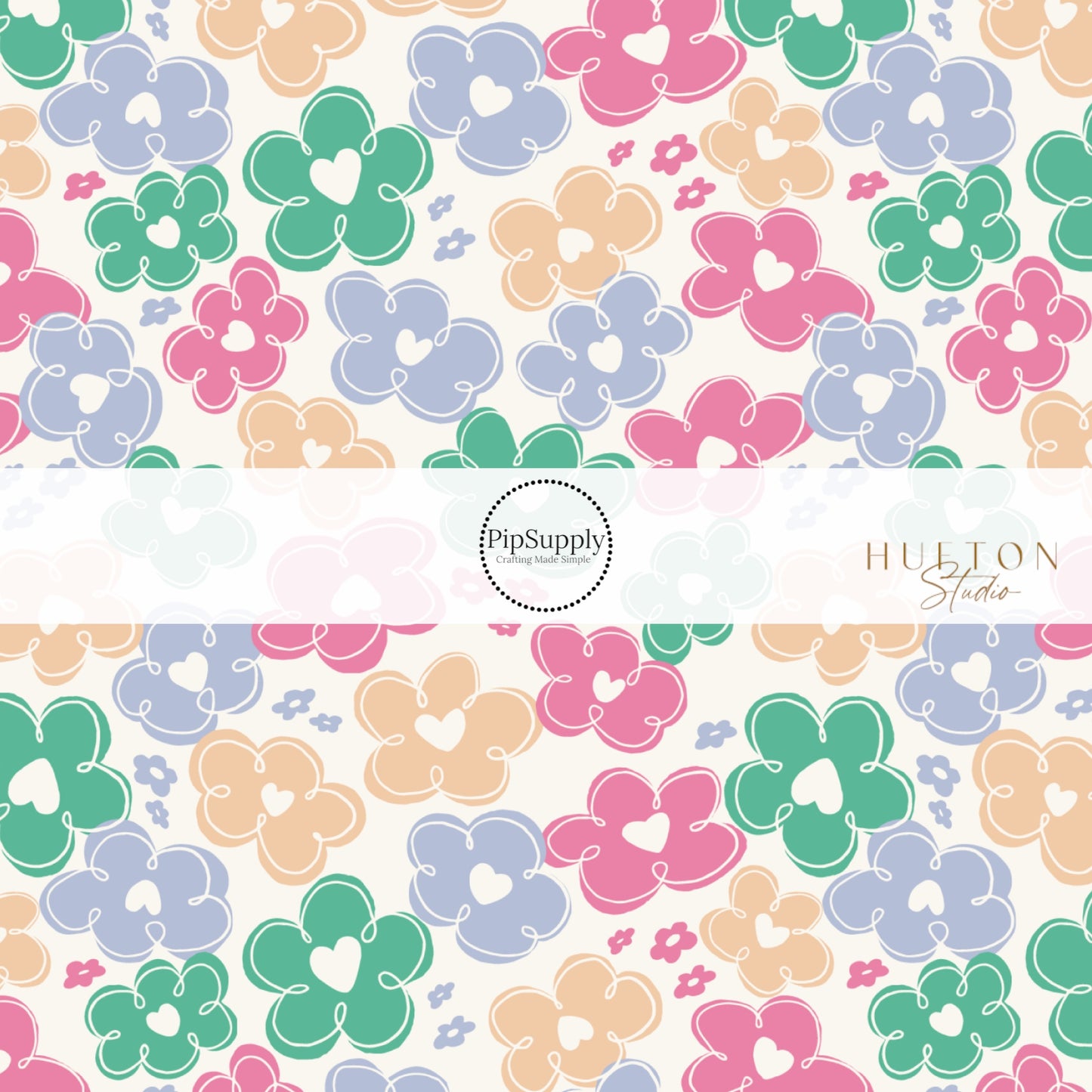 Animated floral designs with blue, beige, pink, and green flowers fabric by the yard