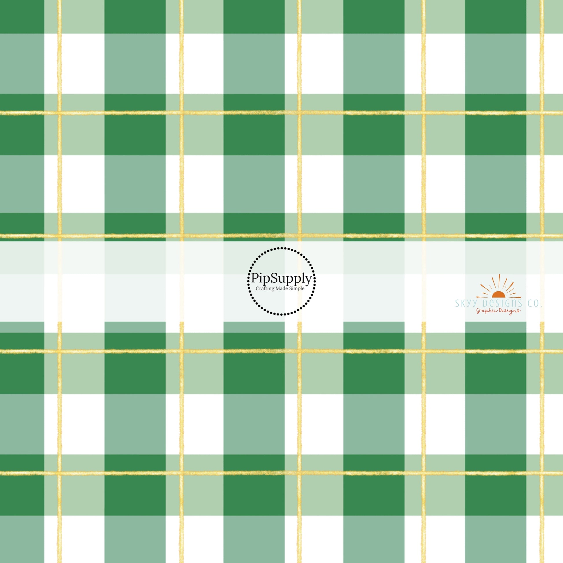 Green and white plaid fabric by the yard with gold accents 