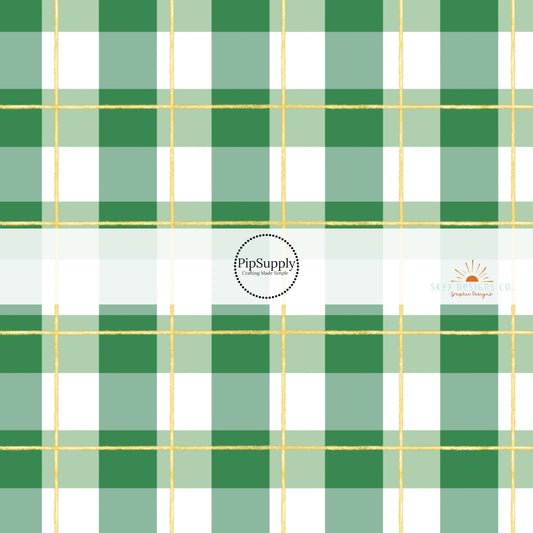 Green and white plaid fabric by the yard with gold accents 