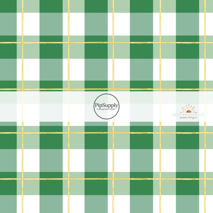 Green and white plaid fabric by the yard with gold accents 