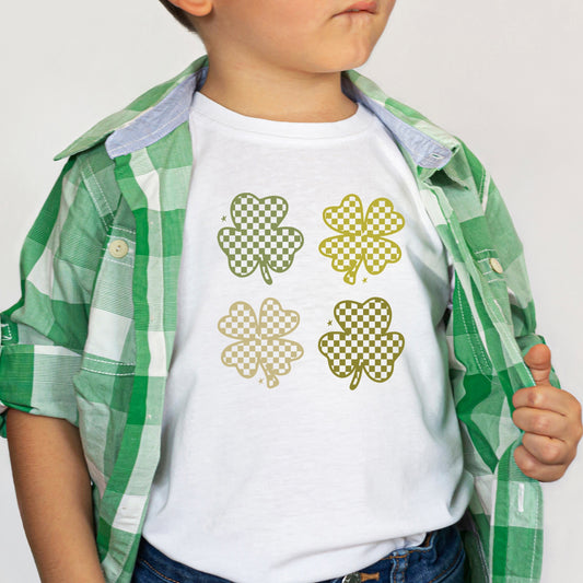 Four green shamrocks and clovers with a checkered design and stars Iron on Transfer