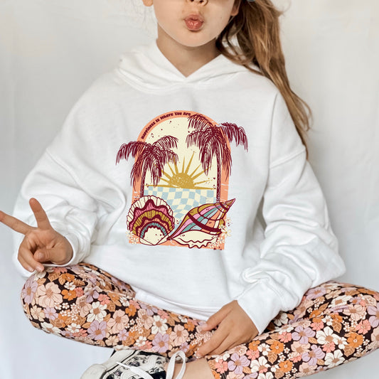 Retro iron on heat transfer with palm trees, seashells, and a rising sun.