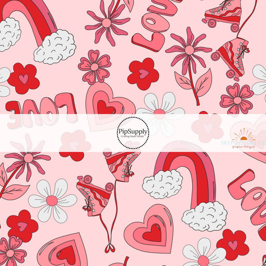Pink pattern with retro design and the word "Love" Fabric by the Yard 