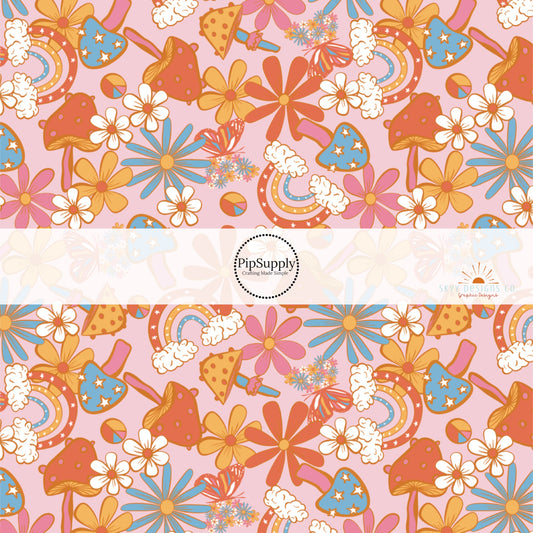 Mushrooms, rainbows, flowers, and butterflies on bubblegum pink colored fabric by the yard