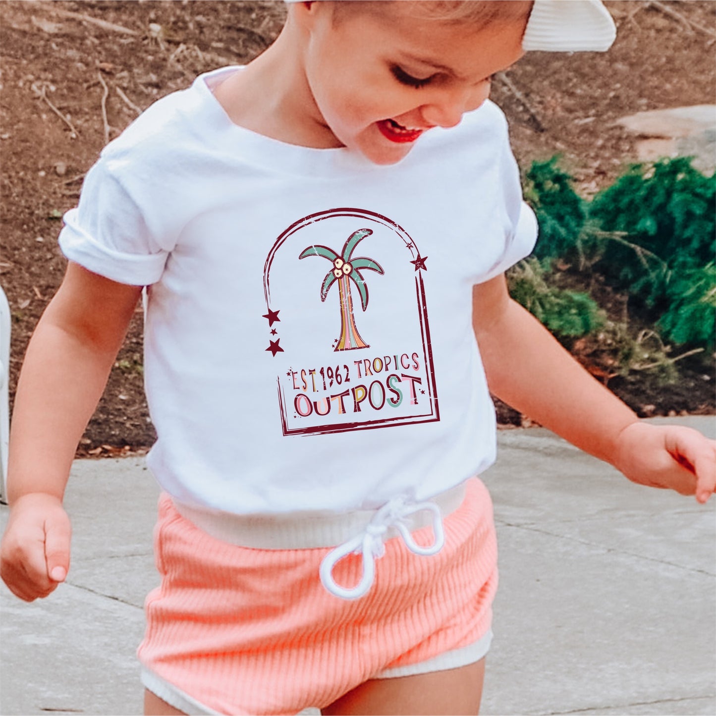 "Est. 1962 Tropics Outpost" Groovy Palm Trees The Peachy Dot Iron on heat transfer.