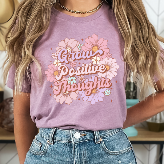 Pink Floral Retro DTF Transfer - Grow Positive Thoughts - Sublimation Floral Transfers
