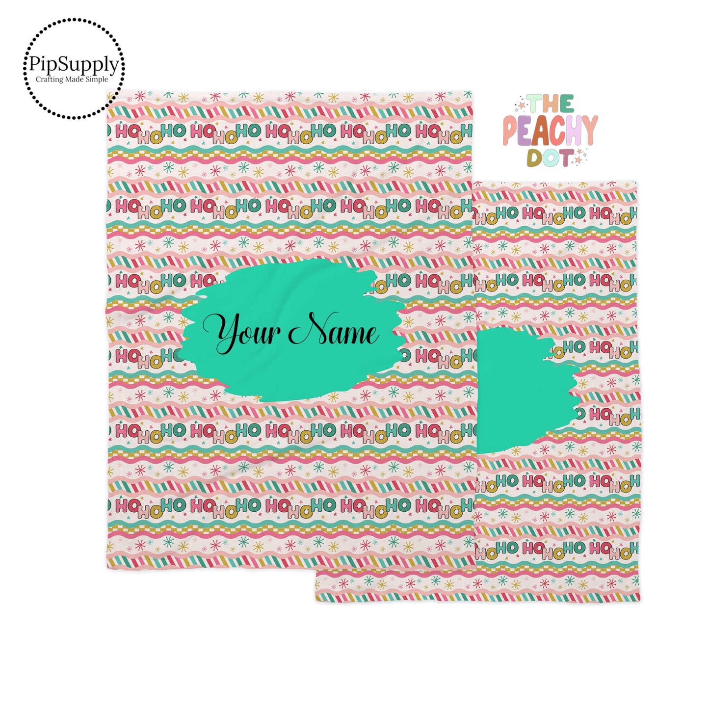 Fleece blanket with bright pastel Christmas pattern designed by The Peachy Dot with customizable name center.