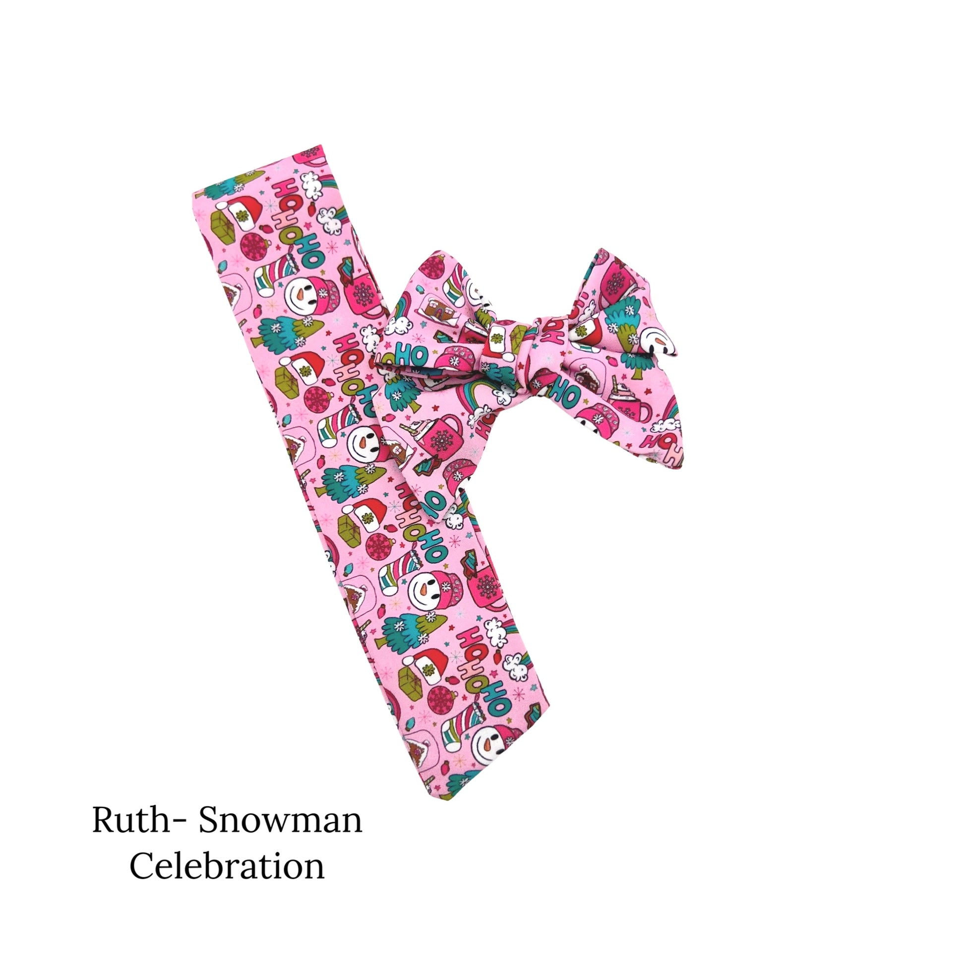 Christmas design multi colored pink bow with snowmen and trees
