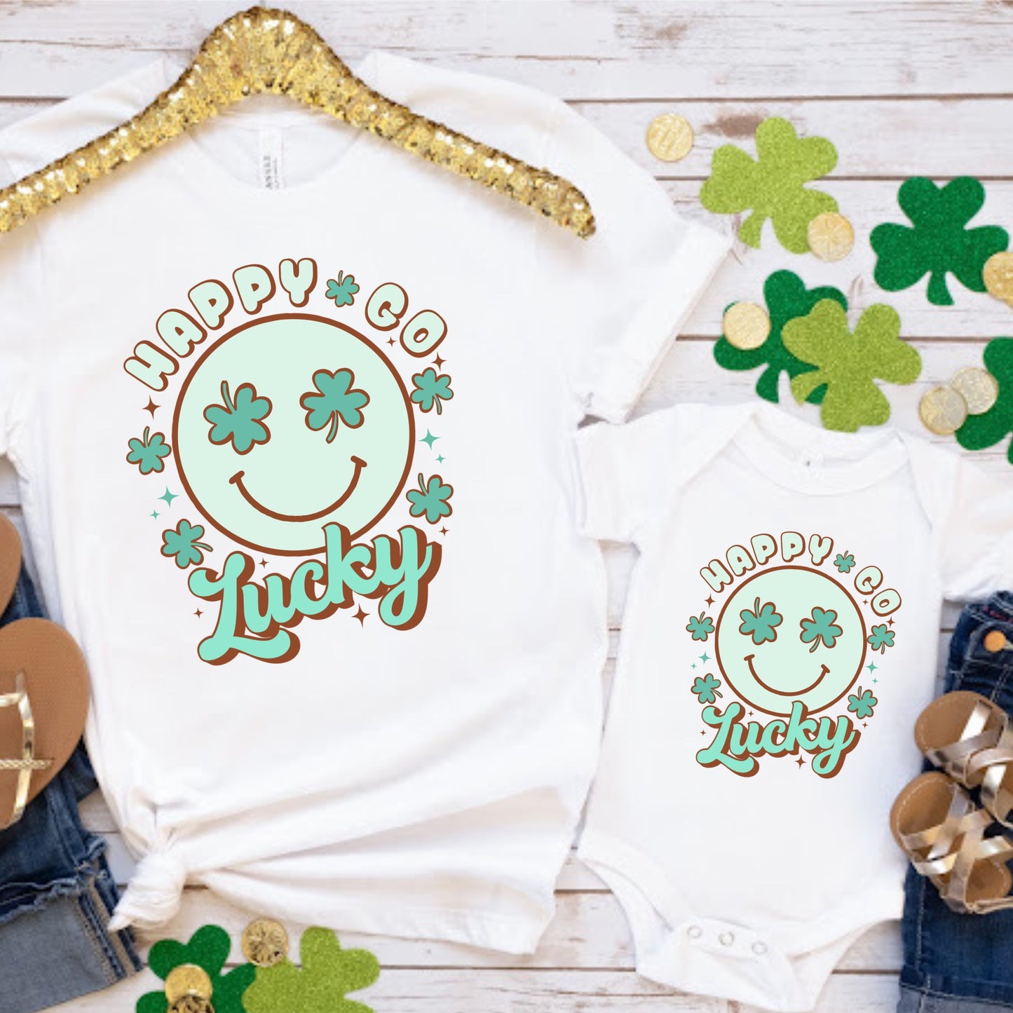 Green Smiley Face St.Patrick's Day DTF - Sublimation Iron on Transfer - Happy Go Lucky Transfer with Shamrocks 