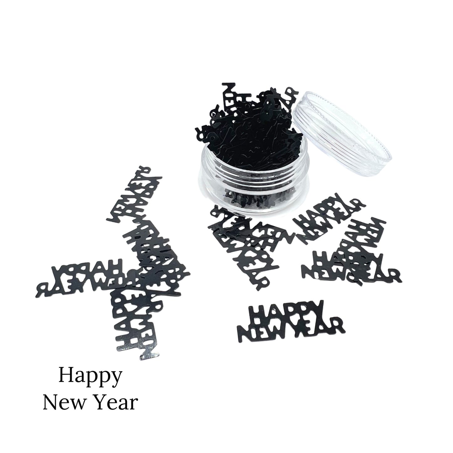 Black "Happy New Year" confetti display