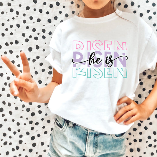 Pink, purple, and teal "He Is Risen" Easter Iron On Heat Transfer - Sublimation Transfer 