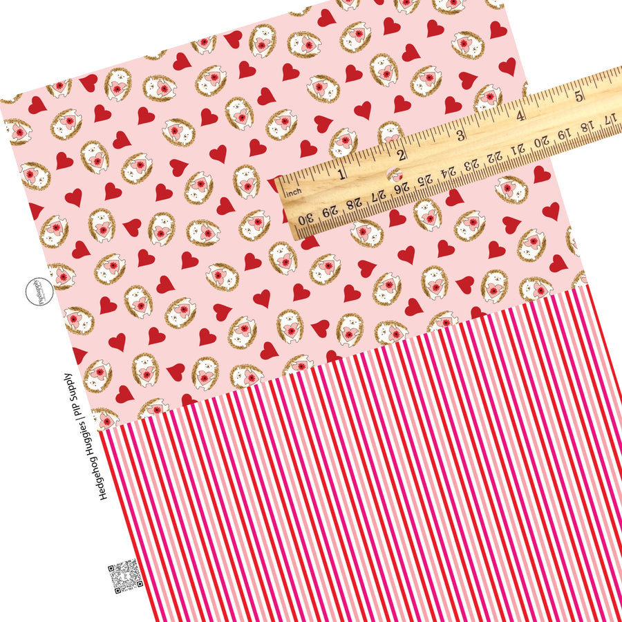 Hedgehog with pink floral hearts and red hearts on pink with red, pink, and white stripes faux leather sheet