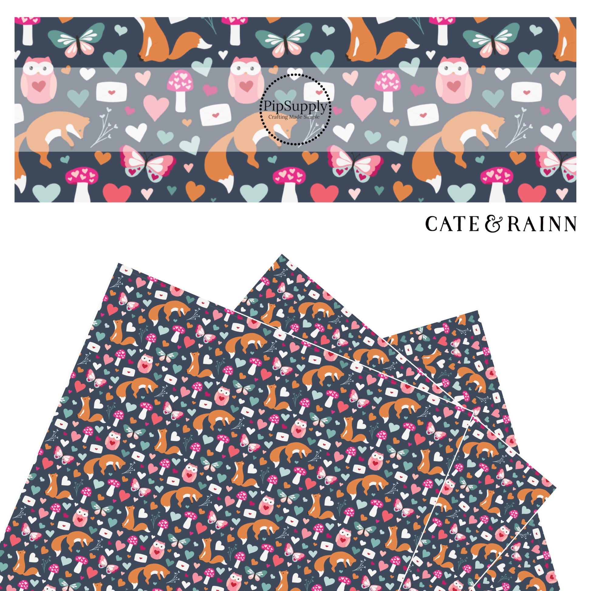 Orange fox, pink heart owl, pink and blue butterfly, pink mushrooms and blue hearts on navy blue faux leather sheets