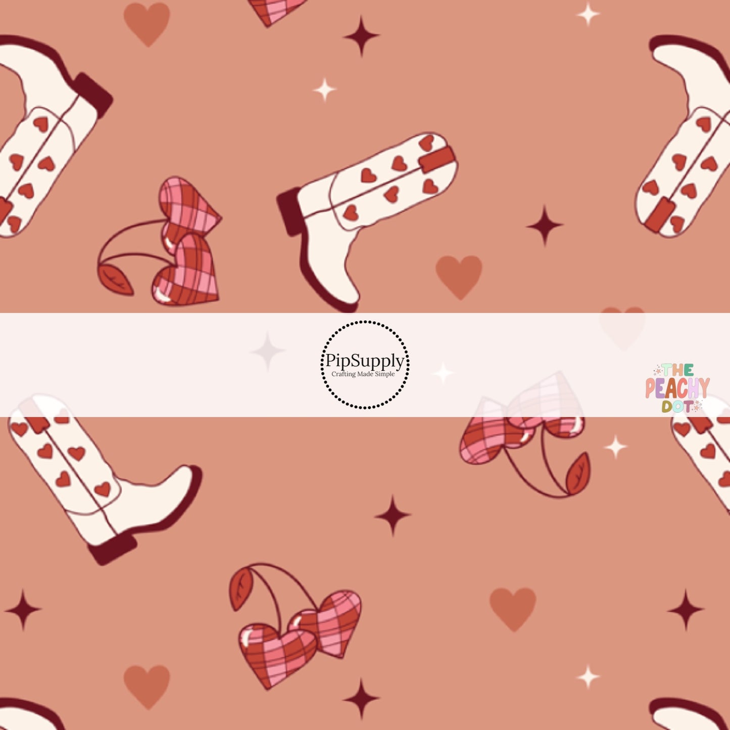 Pink and red cherries and white and dark red sparkles with white boots with red hearts on a terracotta bow strip