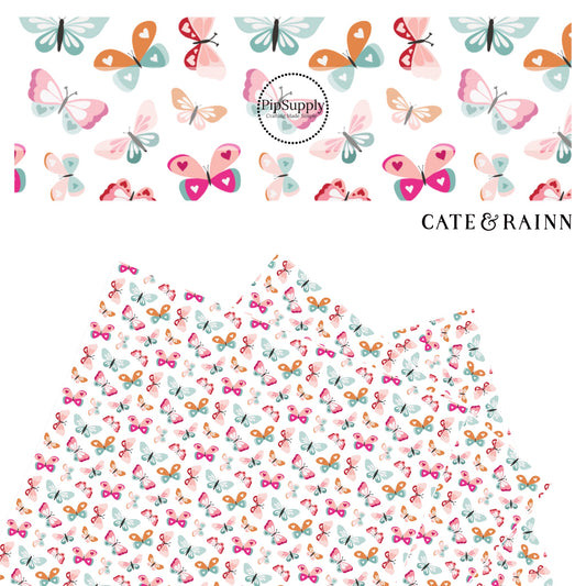 Hot pink, light blue, teal, and orange butterflies with heart wings on white faux leather sheets
