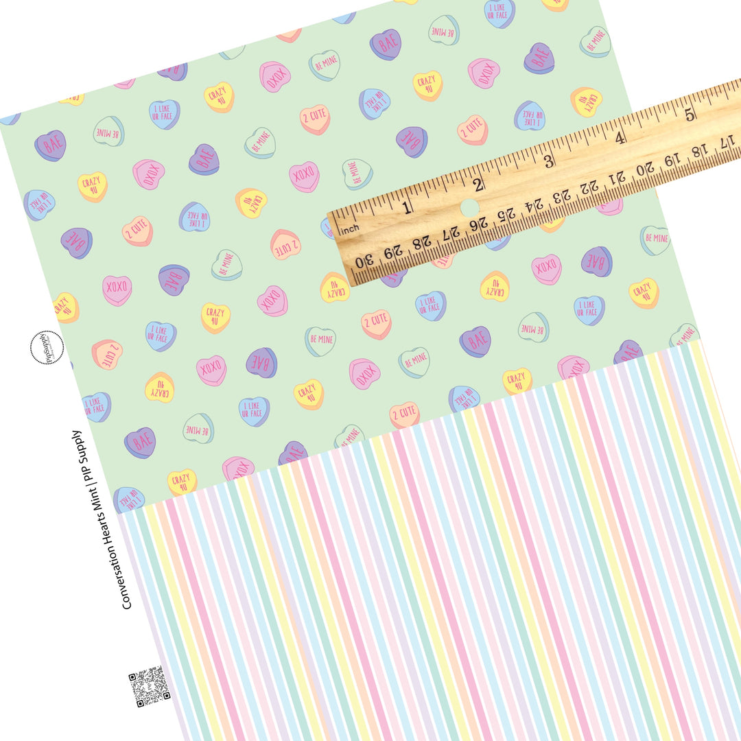 half and half sheet Candy with capital letters on mint with thick rainbow pastel stripes faux leather sheet