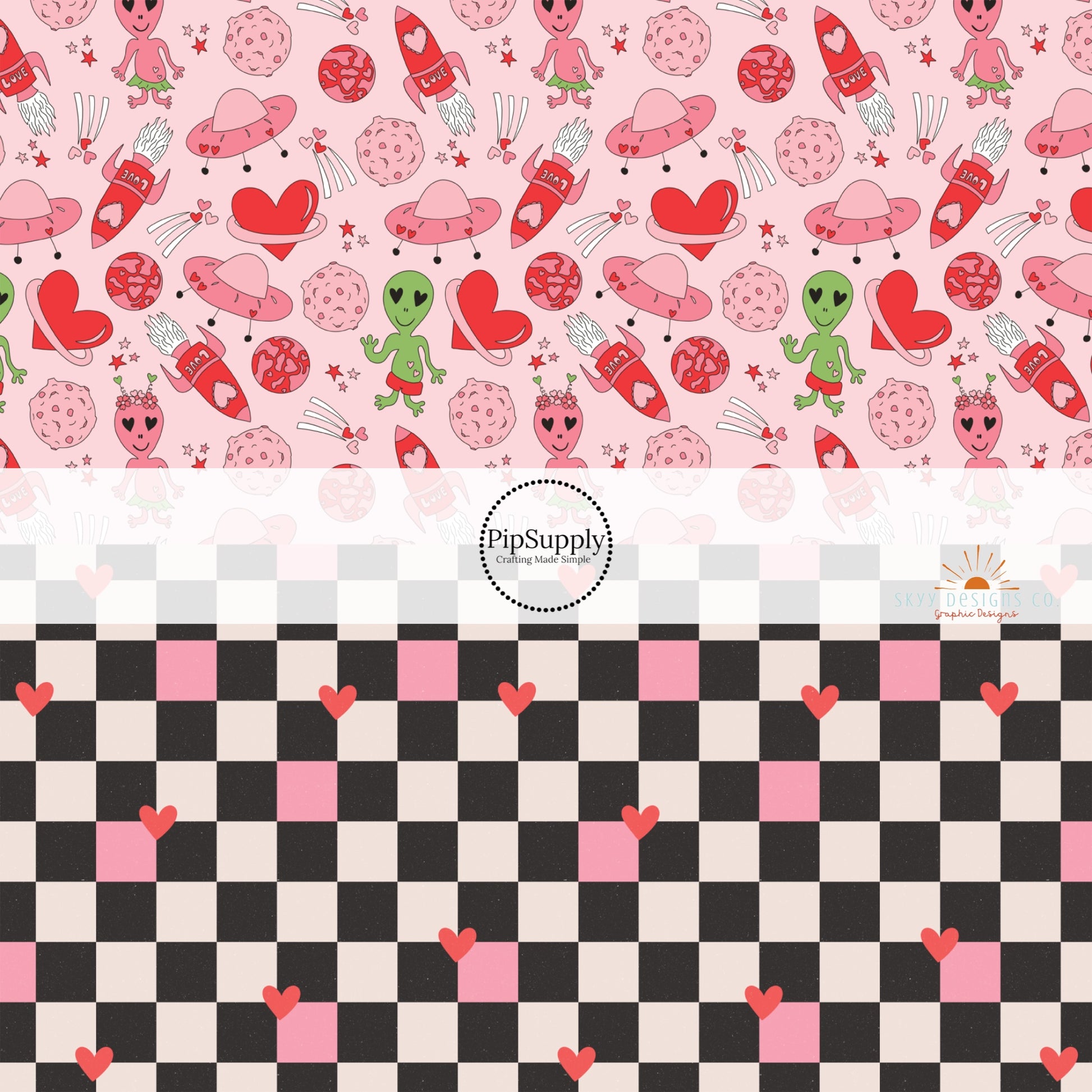 Pink Alien Valentine's Day Fabric by the Yard - UFO Fabric - Pink and Black Checkered Hearts Fabric by the Yard 