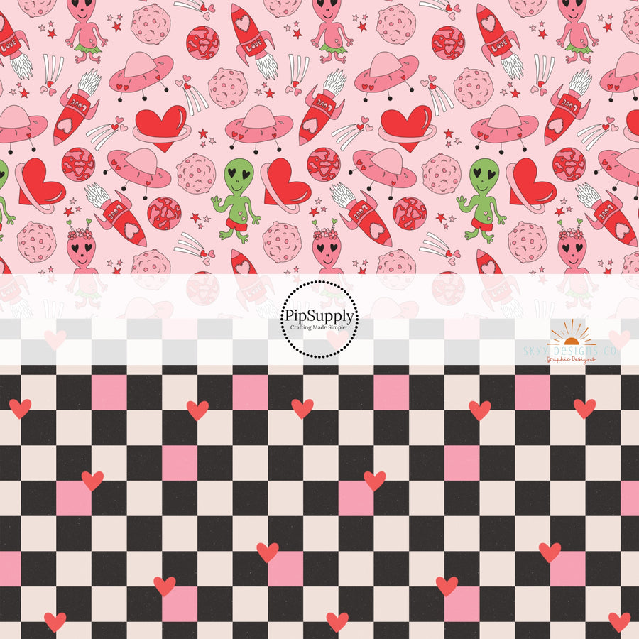 Pink Alien Valentine's Day Fabric by the Yard - UFO Fabric - Pink and Black Checkered Hearts Fabric by the Yard 