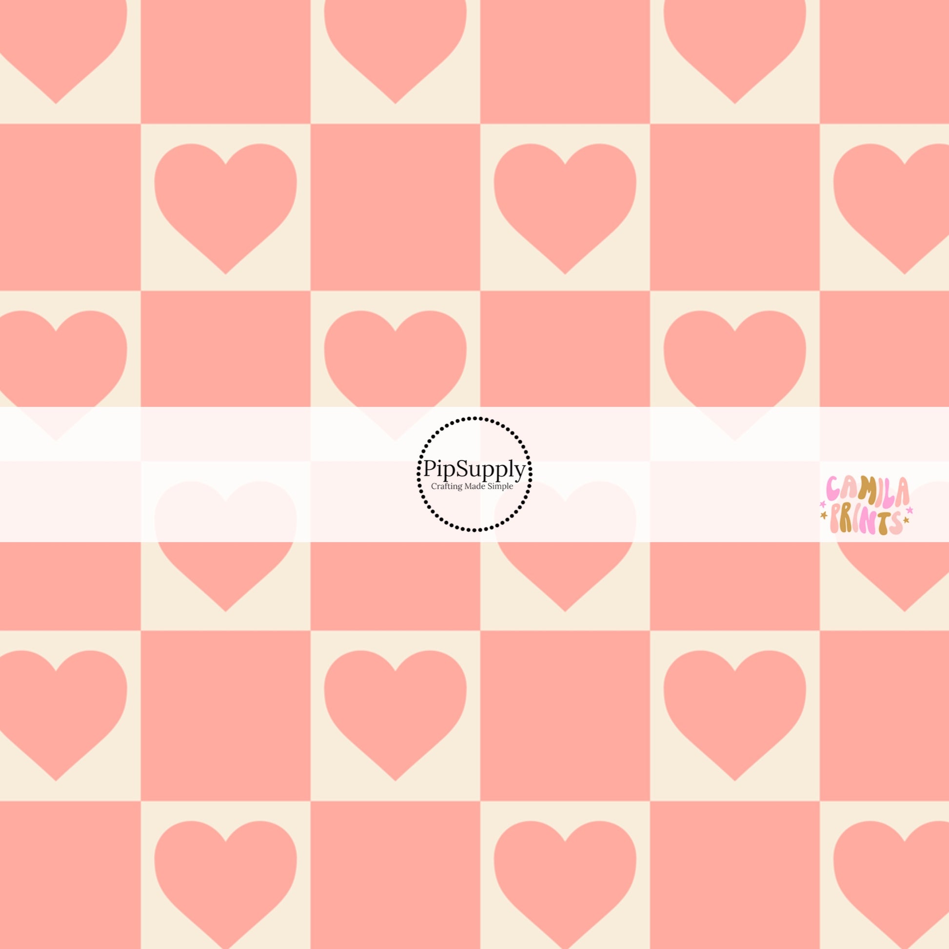Pink and Cream heart checkered fabric print