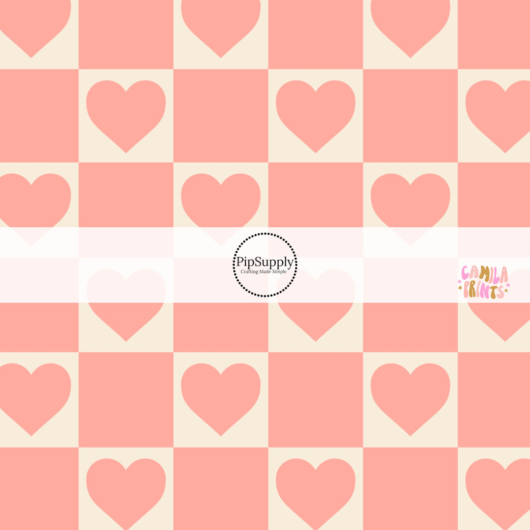 Pink and Cream heart checkered fabric print