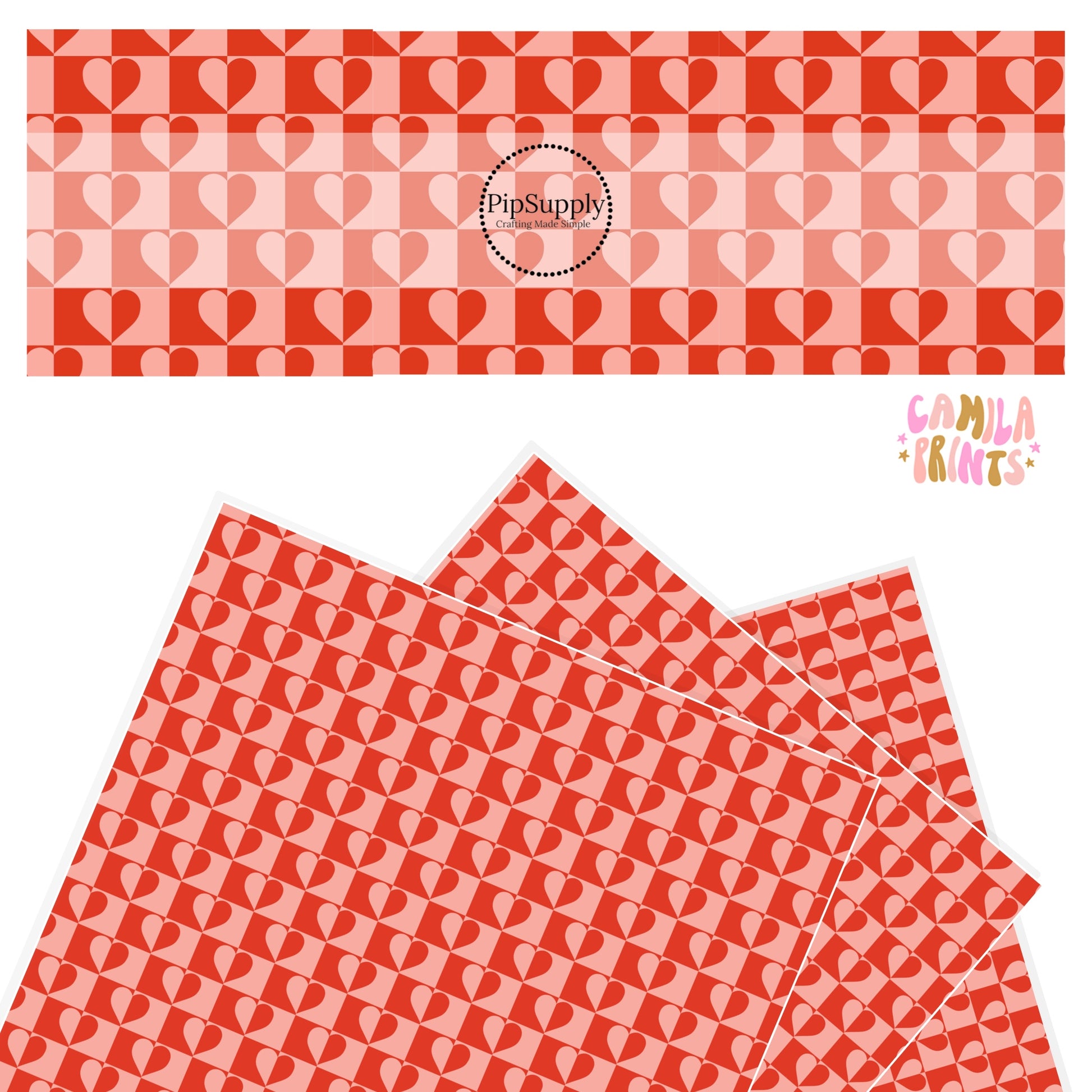 Split red and light pink hearts checkered faux leather sheets