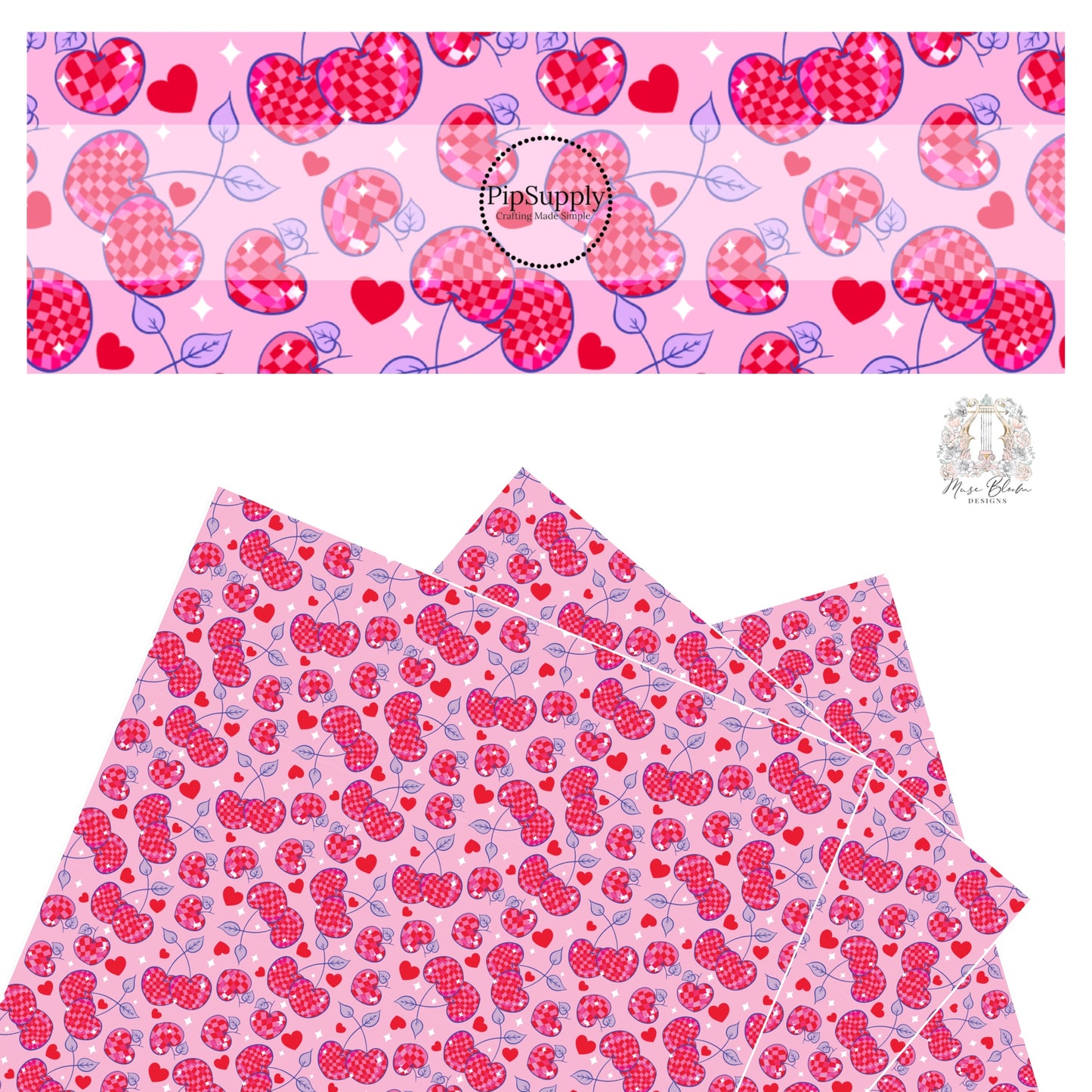Purple outlined heart cherries with red and pink checker and white dazzles with purple stems and red hearts on pink faux leather sheets
