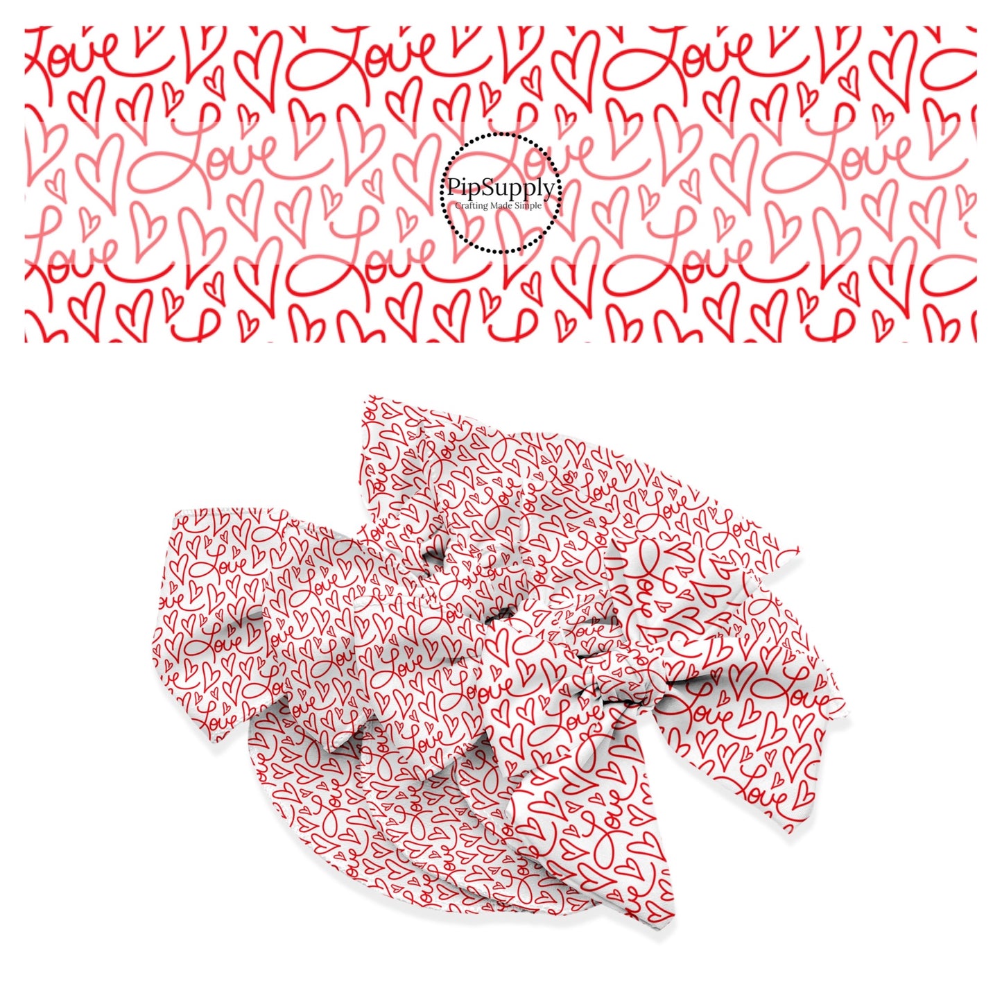 Red cursive writing with hearts on white bow strips