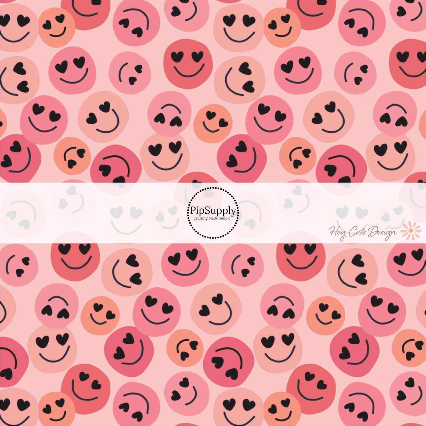 Pink fabric by the yard with pink and peach heart eye smiley faces 