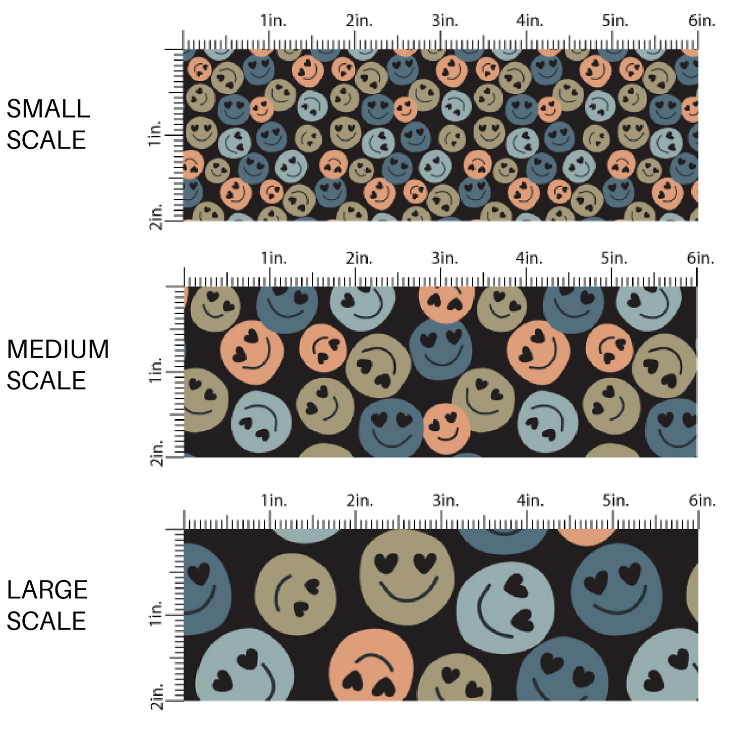 Black fabric by the yard scaled image guide with green, blue, and orange smiley faces with heart eyes