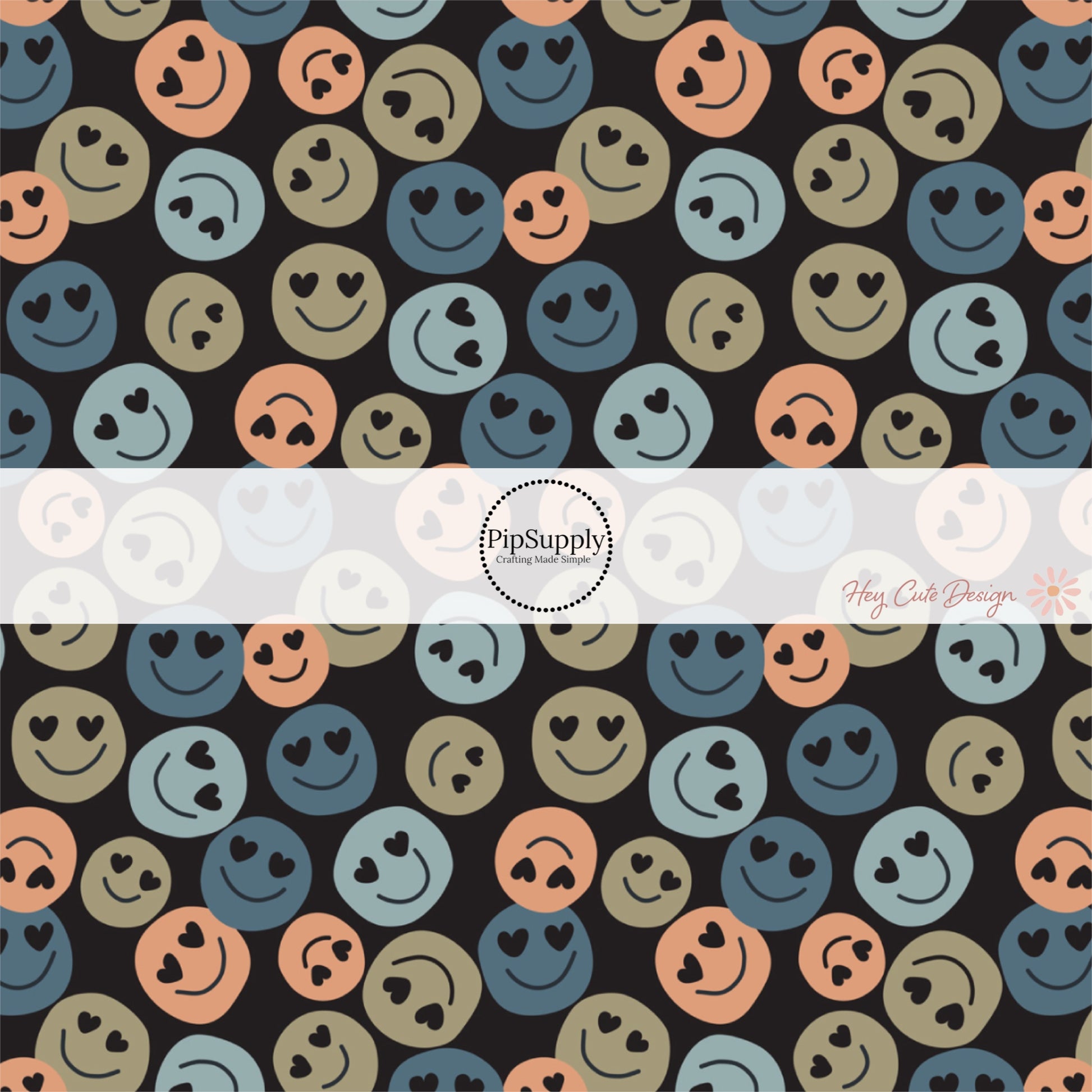 Black fabric by the yard with green, blue, and orange smiley faces with heart eyes