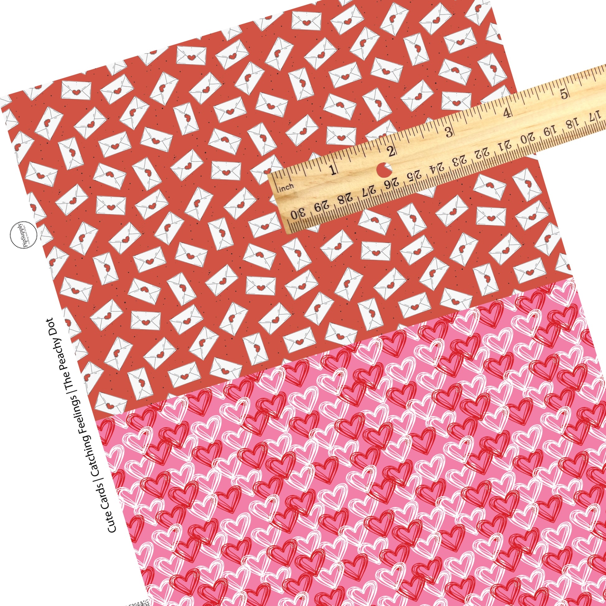 Red faux leather with black polka dots and white heart mail and pink and white hearts on pink faux leather