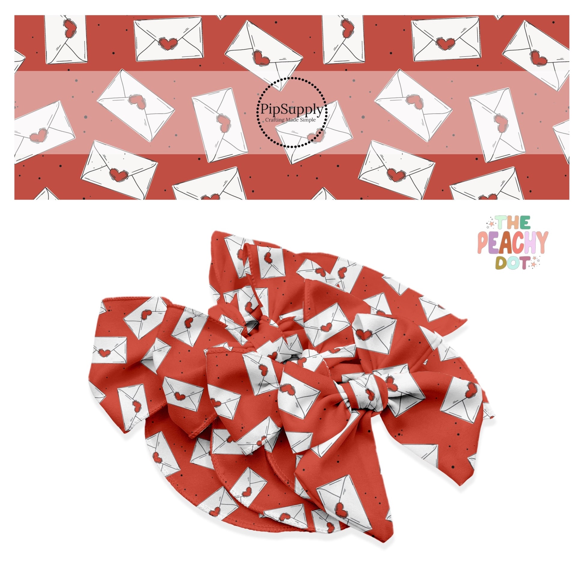 White heart mail on red with polka dolts bow strips