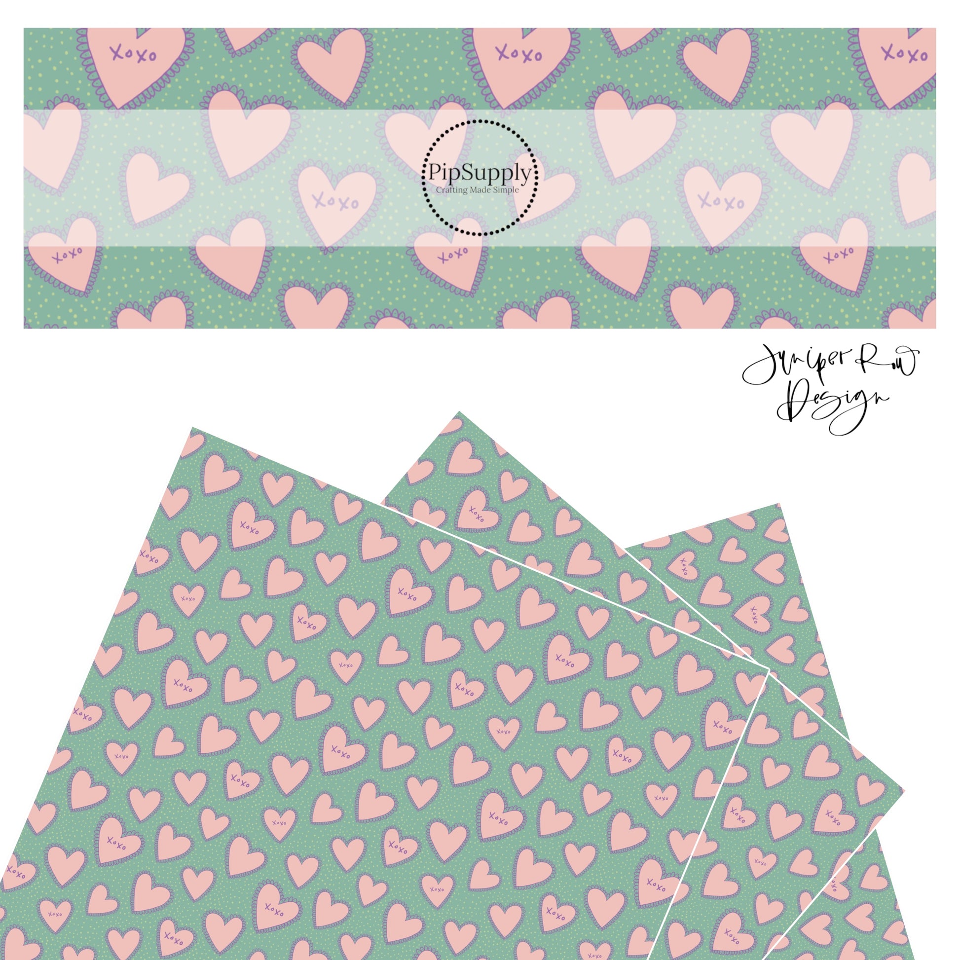 Pink hearts with sporadic words on seafoam faux leather sheets