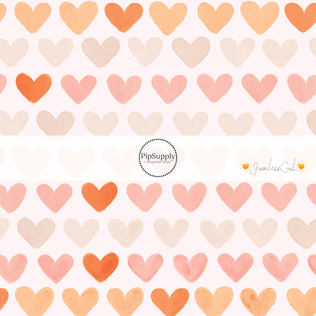 Pale Pink Fabric with Peach, Orange, Beige Watercolor Hearts