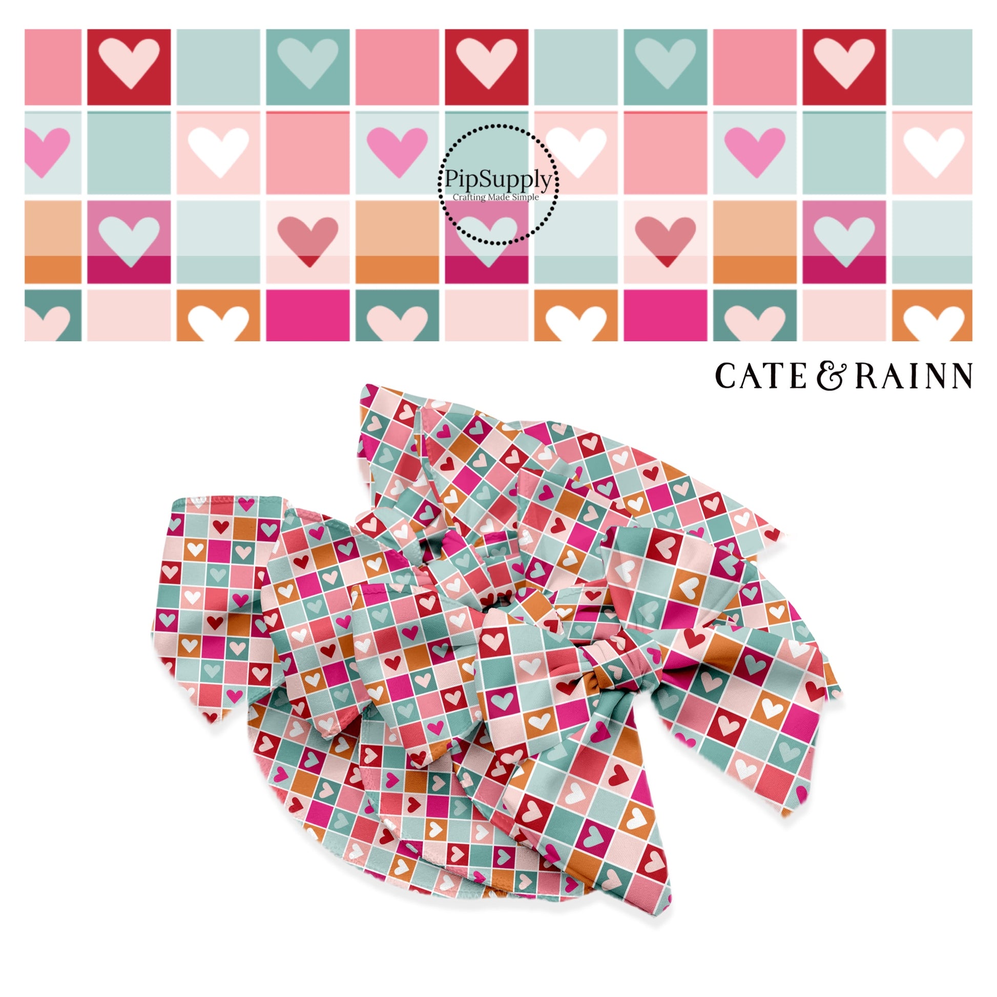 Orange, blue, and pink tiles with white lines with coordinating heart colors on checkered bow strips