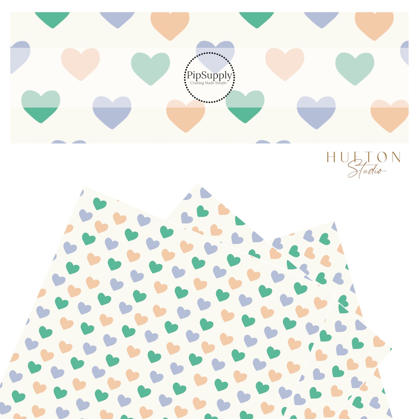 Peach, green, and blue hearts on a cream faux leather sheet