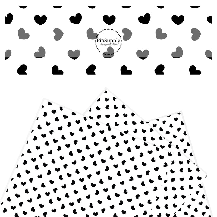 Scattered black hearts on white faux leather sheets