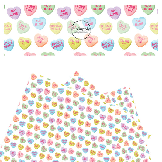 Blue, green, pink, purple, and yellow hearts with kind words on a white faux leather sheet