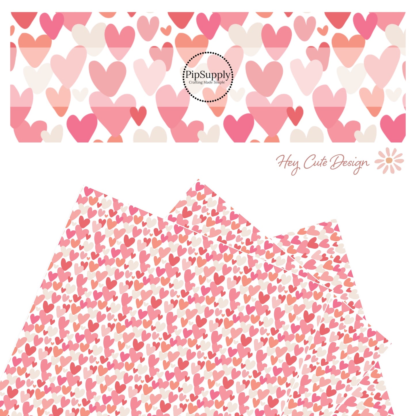 Hot pink, cream, light pink, coral hearts on white faux leather sheets