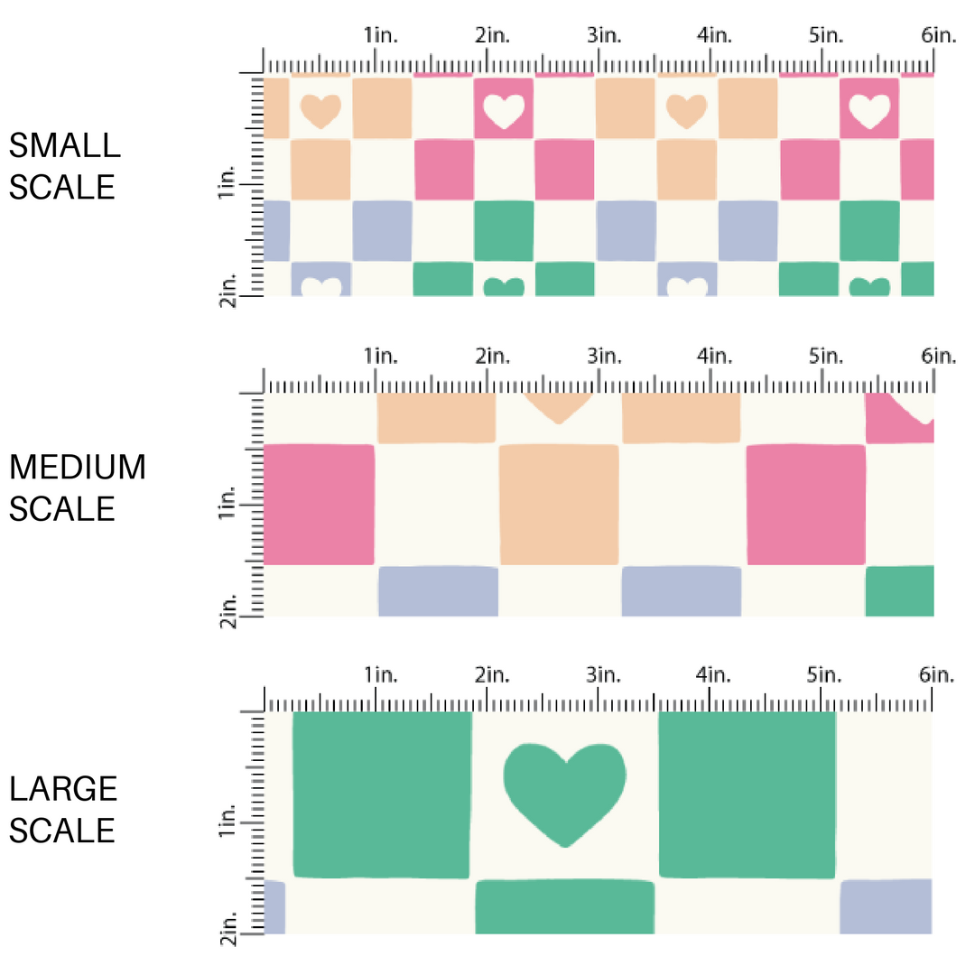 Fabric by the yard scaled image guide with green. peach, blue, and pink checkered print with hearts