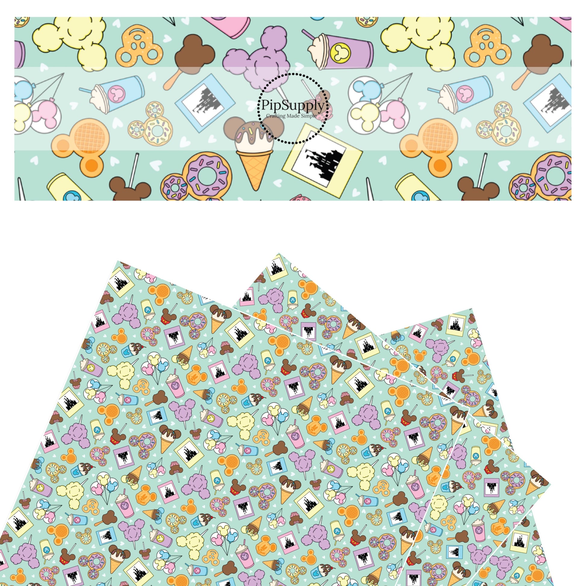 Combo of sweet treats and mouse ears on mint faux leather sheet.